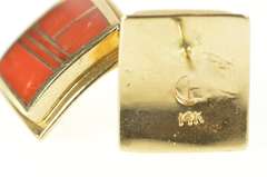 14K Yellow Gold Squared Coral Inlay Geometric Curved Stud Earrings
