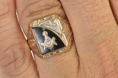 10K Yellow Gold Black Onyx Masonic Inlay Men's Retro Ring