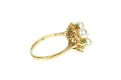 14K Yellow Gold Pearl Emerald 1960's Retro Basket Cocktail Ring