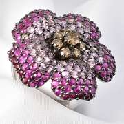Ornate Rubies & Diamonds Flower Ring  in 18K WG