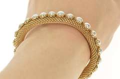 14K Yellow Gold Retro 1960's Pearl Mesh Chain Statement Bracelet