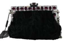 DOLCE & GABBANA Black Fur Silver Crystal Shoulder VANDA Purse