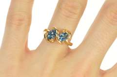 14K Yellow Gold Oval Blue Topaz Two Stone Wavy Statement Ring