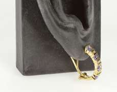 14K Yellow Gold Oval Tanzanite Diamond Inset Semi Hoop Earrings