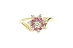 14K Yellow Gold 0.64 Ctw Diamond Ruby Halo Bypass Engagement Ring