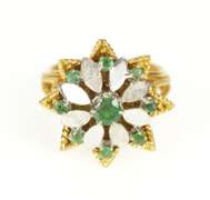 18K Yellow Gold Retro Two Tone Emerald Floral Rope Cocktail Ring