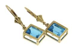 Pretty Blue Topaz Bezel Set Yellow Gold Earrings