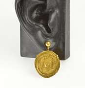 14K Yellow Gold Ornate Ancient Coin Dangle Post Back Earrings