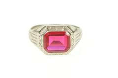 10K White Gold 1920's Art Deco Leaf Etched Syn. Ruby Ring