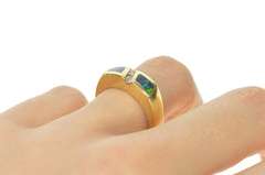 14K Yellow Gold Inlaid Black Opal Diamond Squared Band Ring