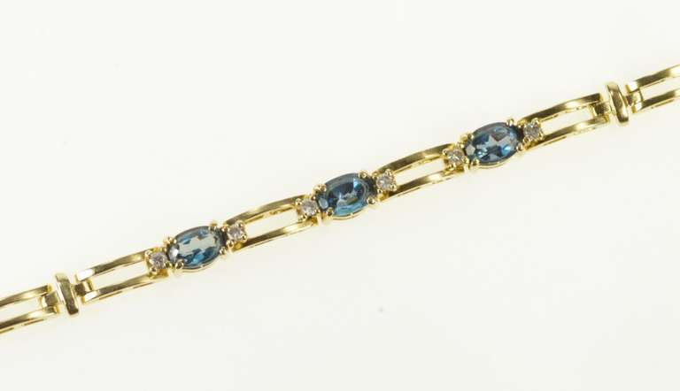 14K Yellow Gold Blue Topaz Diamond Accent Bar Link Tennis Bracelet