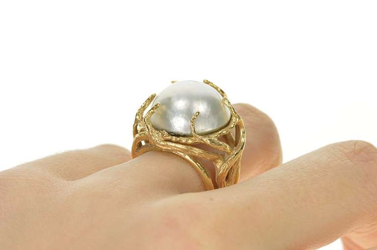 14K Yellow Gold 1960's Pearl Vine Branch Wrap Cocktail Ring