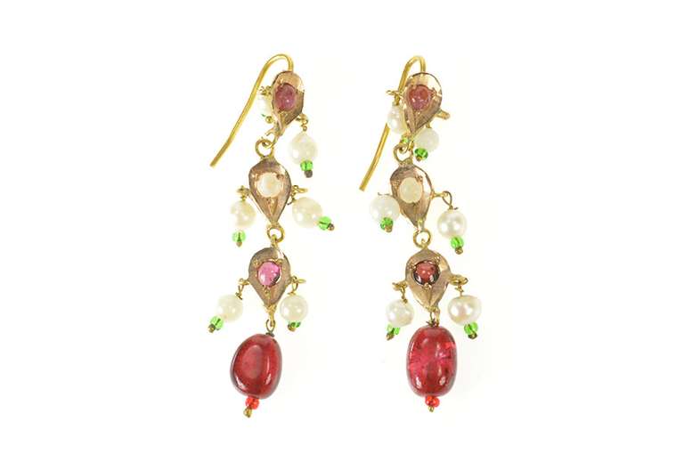 14K Yellow Gold Victorian Ruby Pearl Tourmaline Fringe Dangle Earrings