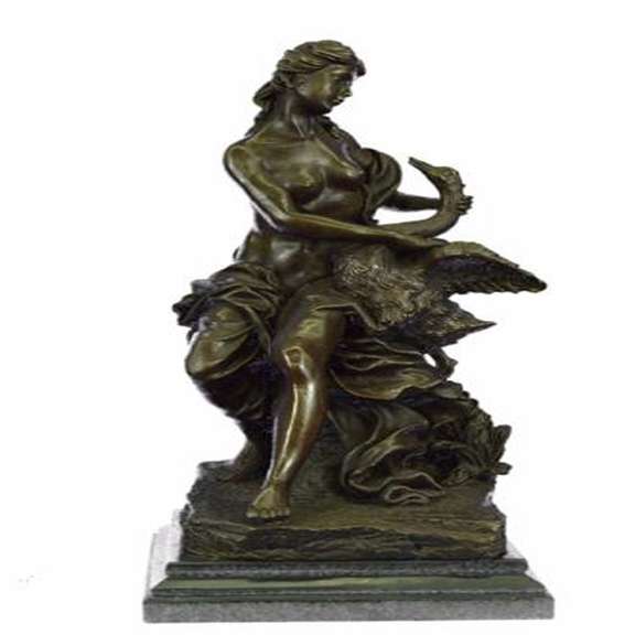 Woman and Swan Bronze Statue on Marble Base Sculpture