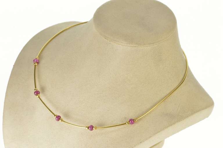 18K Yellow Gold Natural Ruby Beaded Round Cocoon Chain Necklace