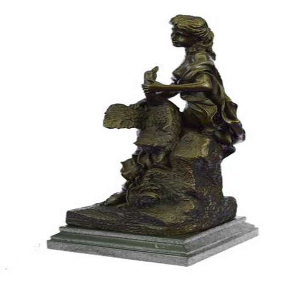 Woman and Swan Bronze Statue on Marble Base Sculpture
