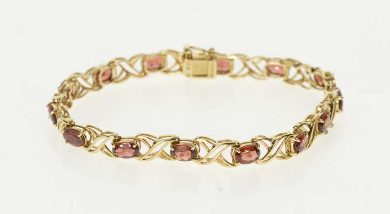 10K Yellow Gold Oval Garnet Criss Cross X Link Tennis Bracelet