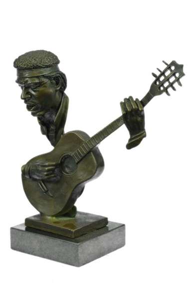 Abstract Man Playing Guitar Bronze Bust Sculpture on Marble Base