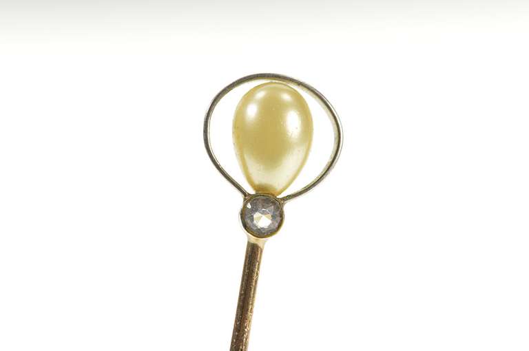 14K Yellow Gold Victorian Pearl Rose Cut Diamond Stick Pin