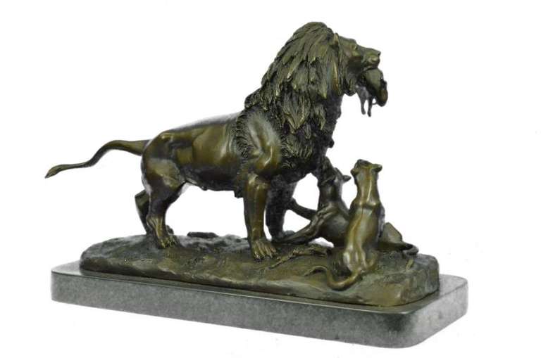 Male Lion with Cubs Bronze Figurine