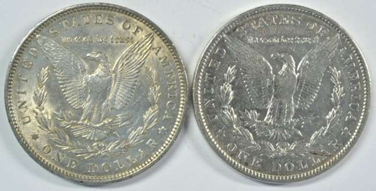 Upper end 1891 & 1904 Morgan Silver Dollars