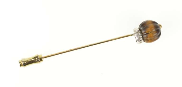 14K Yellow Gold Victorian Scalloped Tiger's Eye Diamond Stick Pin
