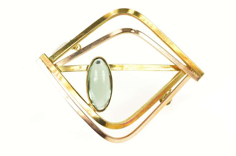 14K Yellow Gold Oval Flourite 1960's Geometric Statement Pin/Brooch