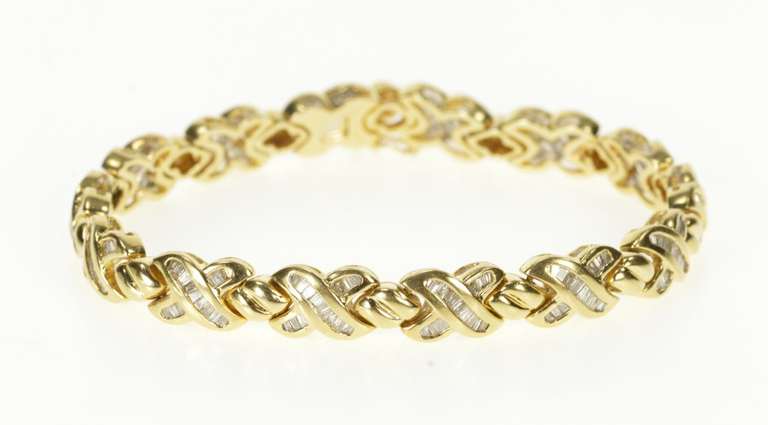 14K Yellow Gold Baguette Diamond X Link Hugs & Kisses Tennis Bracelet