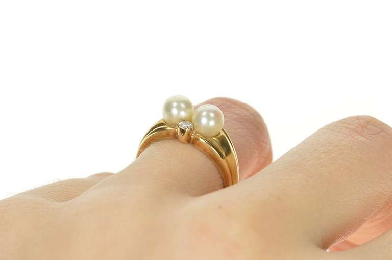 14K Yellow Gold Retro Two Pearl Diamond Accent Statement Ring