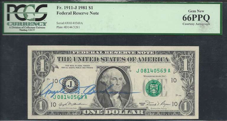 $1 1981 FRN Autograph Angela M. Buchanon Treasurer of the US PCGS Gem New 66PPQ