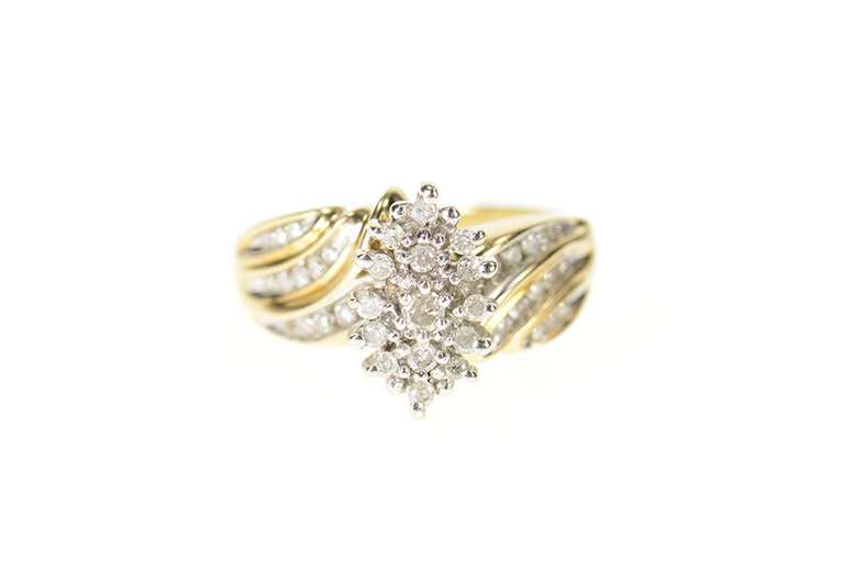 10K Yellow Gold Marquise Diamond Cluster Bypass Statement Ring