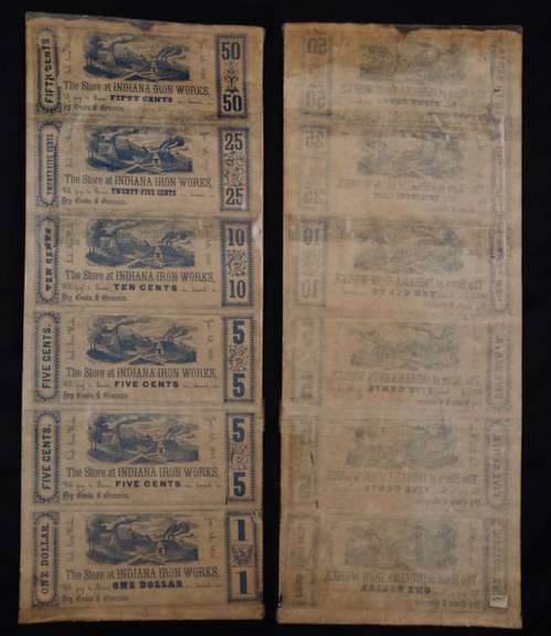 50¢, 25¢, 10¢, 5¢, 5¢, $1 RECONSTRUCTED SHEET INDIANA IRON WORKS