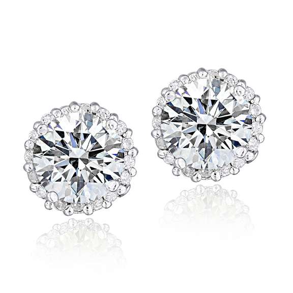 Platinum Plated Sterling Silver 100 Facets Cubic Zirconia Halo Stud Earrings (2cttw)