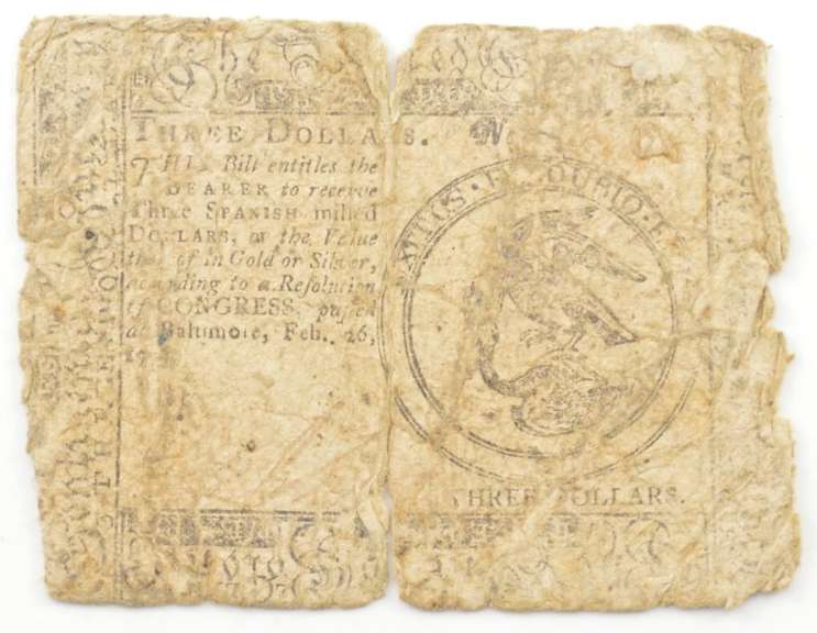 1779 Colonial Maryland - Baltimore 3 Dollars Spanish Milled Note