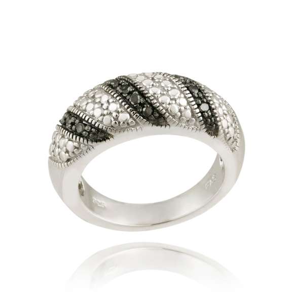 Sterling Silver Black Diamond Accent Striped Ring