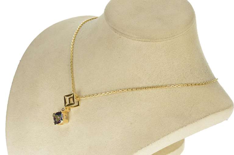 14K Yellow Gold Cushion Mystic Topaz Diamond Square Drop Pendant