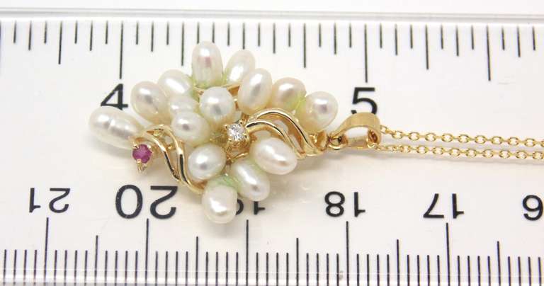Fantastic 14kt YG Pearl, Ruby, and Diamond Accent Cluster Necklace