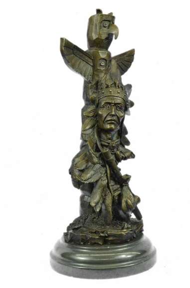 Indian Warrior with Totem Pole Bird Bronze Sculpture
