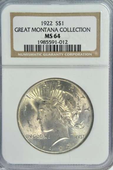 Near Gem 1922 Peace Dollar. NGC MS64 Great Montana Coll
