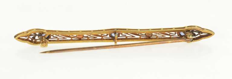 14K Yellow Gold Art Deco Filigree Iolite Seed Pearl Bar Pin/Brooch