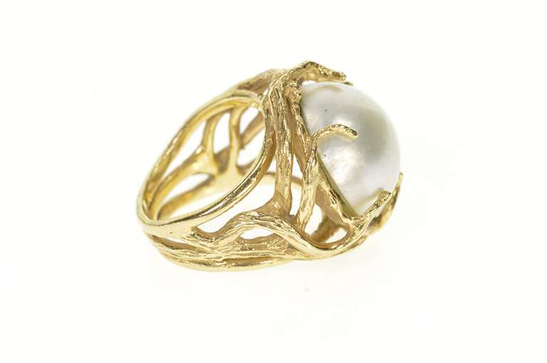 14K Yellow Gold 1960's Pearl Vine Branch Wrap Cocktail Ring