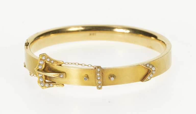 14K Yellow Gold Victorian Seed Pearl Belt Buckle Bangle Bracelet