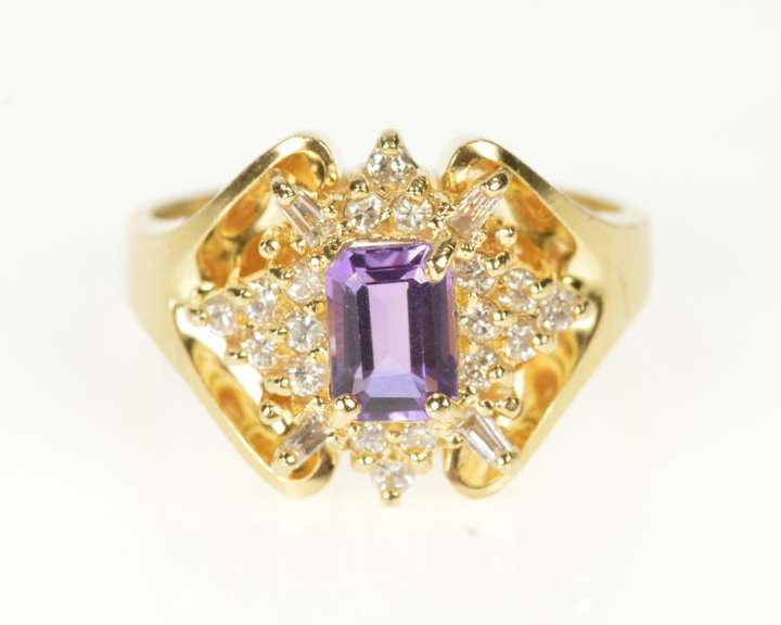 14K Yellow Gold 1.42 Ctw Emerald Cut Amethyst Diamond Cluster Ring
