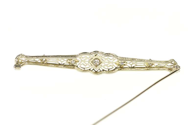 14K White Gold Art Deco Geometric Filigree Diamond Bar Pin/Brooch