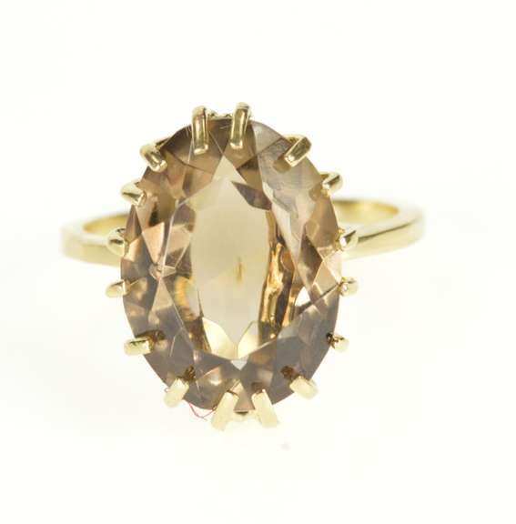 14K Yellow Gold Oval Smoky Quartz Retro Solitaire Cocktail Ring