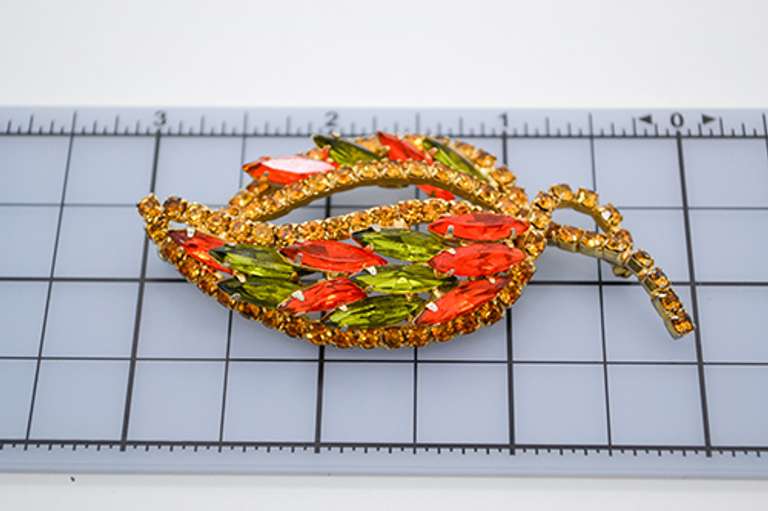 Vintage Leaf Shaped Brooch with Orange and Green Rhinestones