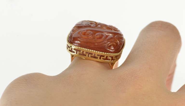 14K Yellow Gold Carved Carnelian Dragon Statement Cocktail Ring