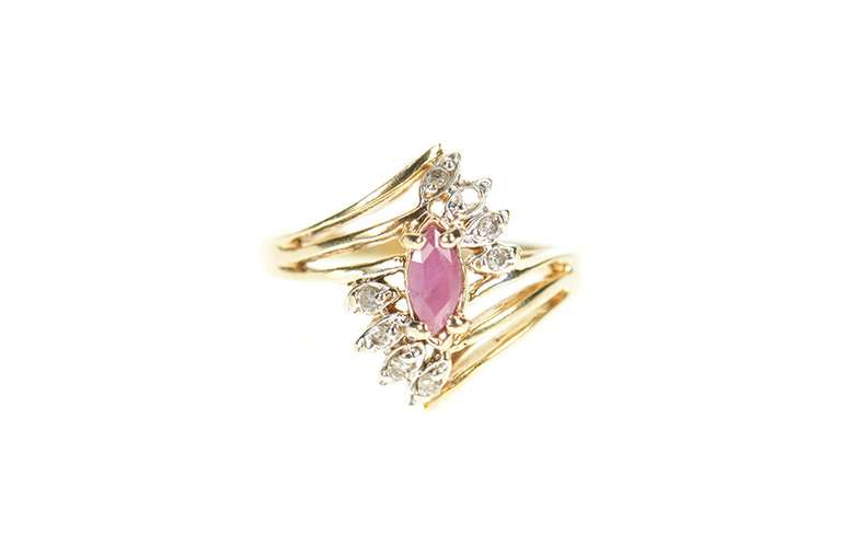 10K Yellow Gold Marquise Ruby Diamond Halo Bypass Ring