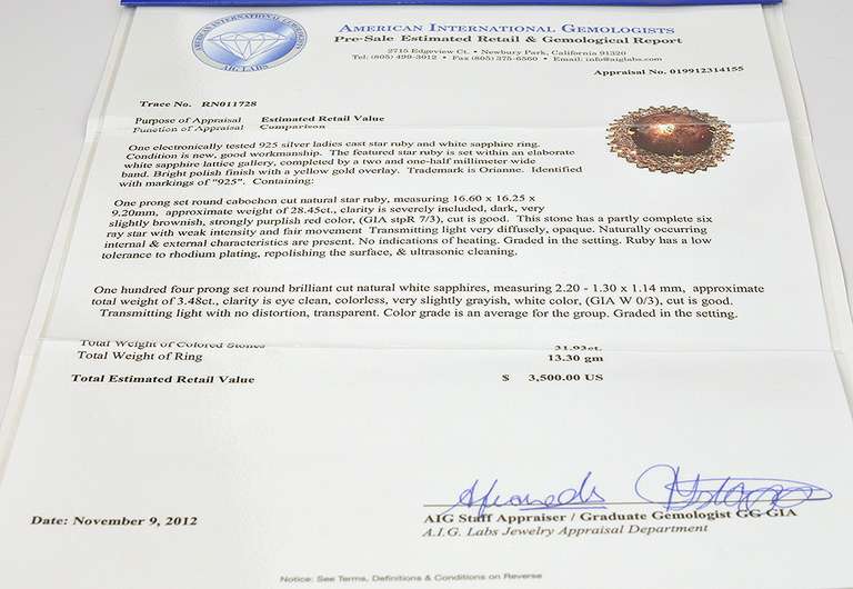 Fantastic Massive 28.45CTS Star Ruby & Sapphire Vermeil Ring