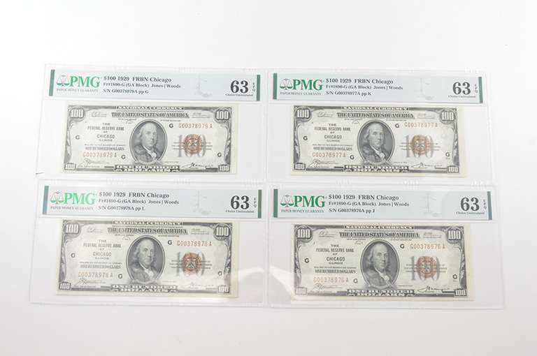 (4) Consecutive $100 1929 Fed. Res. Bank Note Chicago, IL. PMG 63 EPQ